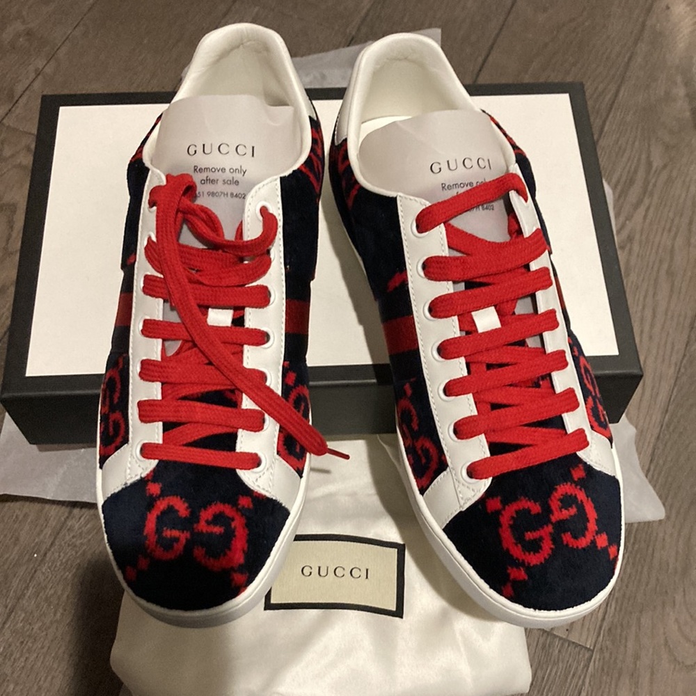Gucci Ace Sneakers - Blue and Red Velvet